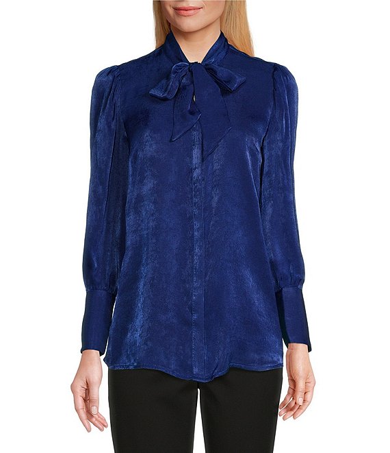Color:Bellwether Blue - Image 1 - Petite Size Long Sleeve Tie Y-Neck Button Front Top