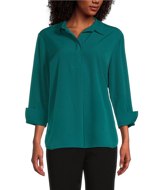 Color:Everglade - Image 1 - Petite Size Paige Point Collar 3/4 Adjustable Cuff Sleeve Top