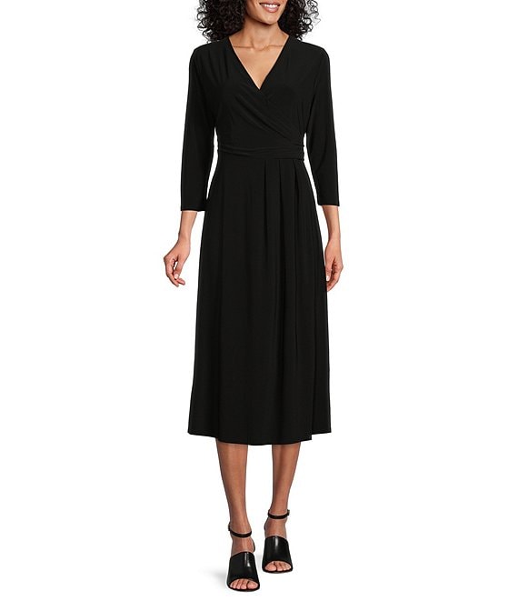 Solid Black Layered 3/4 Sleeve Midi Dress – valanio