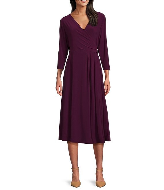 Investments Petite Size Soft Separates Surplice V Neck 3 4 Sleeve Faux Wrap Midi Dress Dillard s