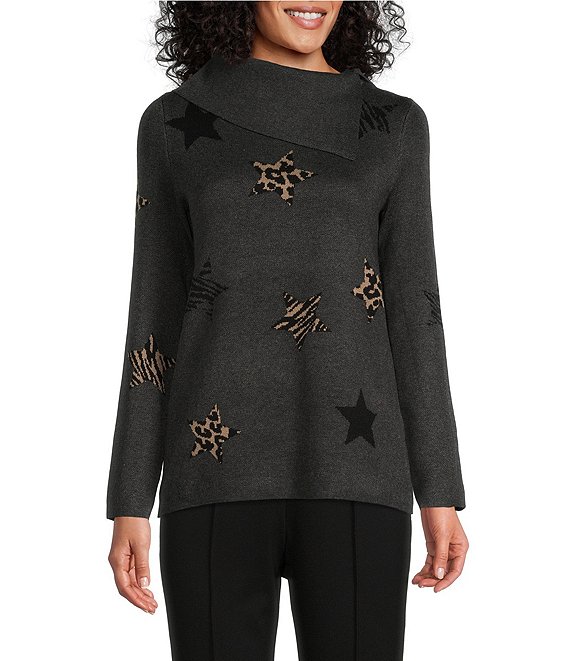 Color:Neutral Stars - Image 1 - Petite Size Star Print Envelope Neck Long Sleeve Sweater