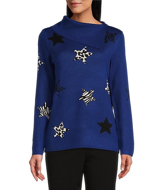 Color:Blue Stars - Image 1 - Petite Size Star Print Envelope Neck Long Sleeve Sweater