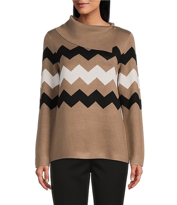 Color:Neutral Stripe - Image 1 - Petite Size Striped Print Long Sleeve Envelope Neck Sweater