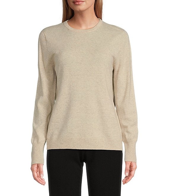 Color:Oatmeal - Image 1 - Petite Size Wool Cashmere Blend Classic Crew Neck Sweater