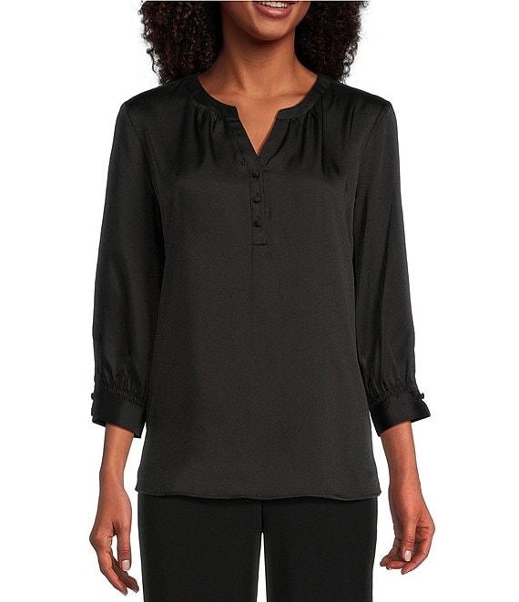 Color:Black - Image 1 - Petite Size Woven 3/4 Sleeve Y-Neck Placket Top