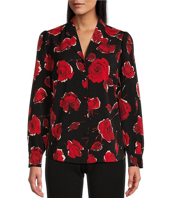 Investments Petite Size Woven Painted Roses Print Long Sleeve Button ...