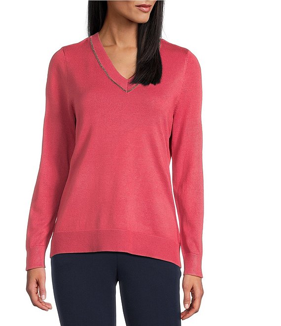 Investments Petite Size Solid Long Sleeve V-Neck Pullover Top