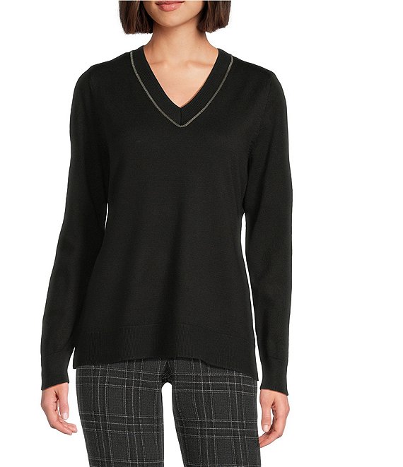 Investments Petite Size Solid Long Sleeve V-Neck Pullover Top