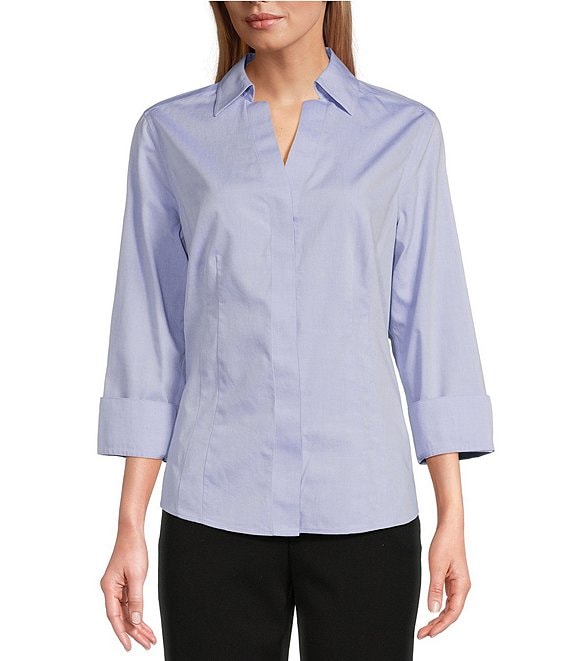 Color:Blue Wave - Image 1 - Petite Size Taylor Gold Label Non-Iron 3/4 Sleeve Button Front Shirt