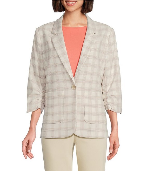 Investments Plaid 3/4 Ruched Sleeve Notch Lapel Lined Button Front Blazer