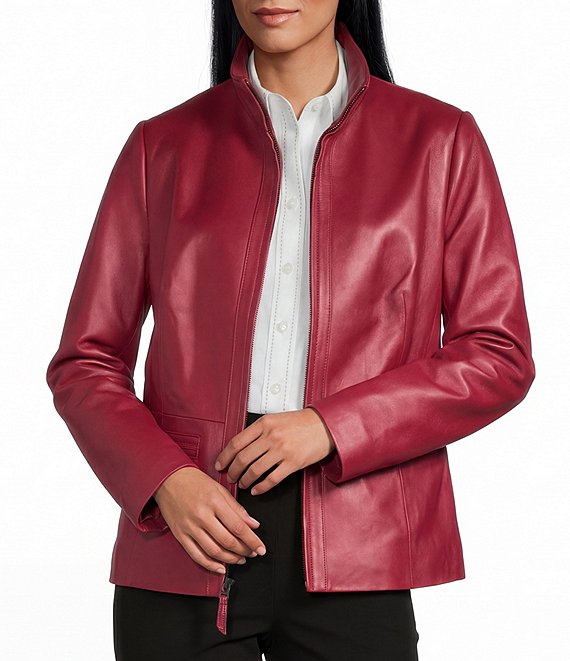 Investments Platinum Suiting Genuine Lamb Leather Stand Collar Zip Front Long Sleeve Jacket