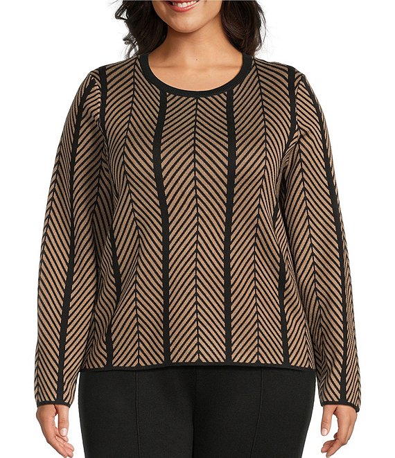 Investments Plus Chevron Stripe Long Sleeve Crew Neck Pullover Top, Chevron Stripe - Image 1