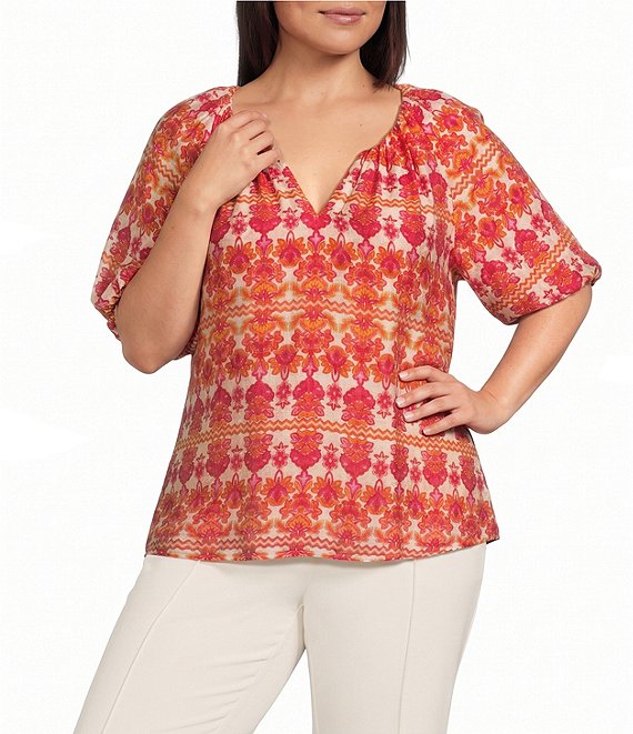 Investments Plus Size Bold Geo Stripe Print 3/4 Bubble Sleeve Split V-Neck Blouse