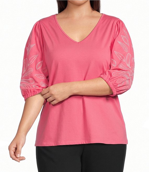 Investments Plus Size Elbow Sleeve Embroidery V-Neck Knit Top