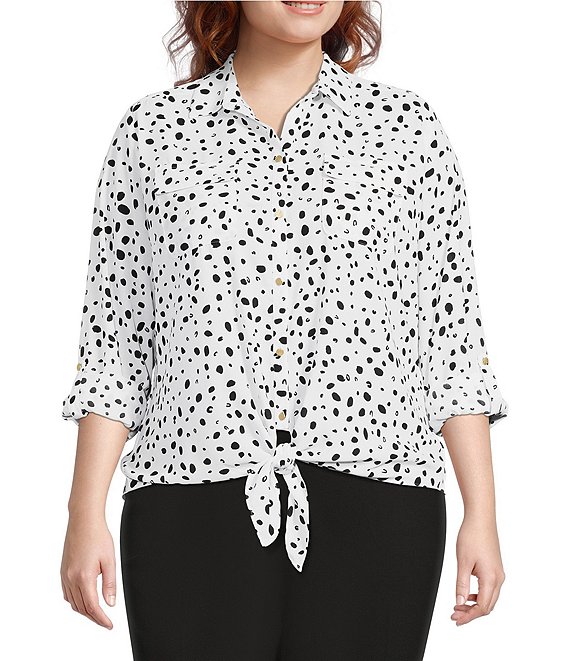 Investments Plus Size Kelly Animal Spots Print Point Collar Long Roll ...