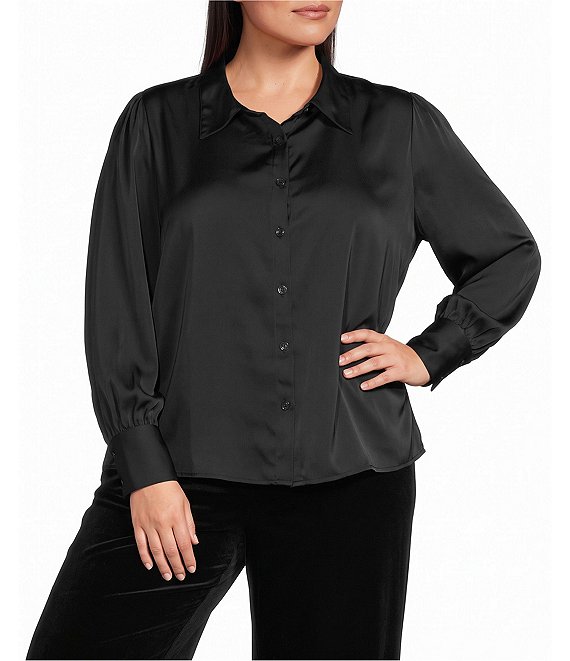Investments Plus Size Long Cuffed Sleeve Point Collar Button Down Satin Top