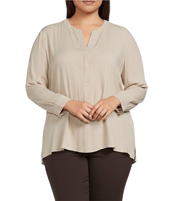 Investments Plus Size Nora Long Sleeve Split V-Neck Drapey Twill Blouse