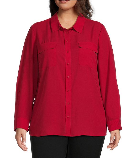 Color:Chili Pepper - Image 1 - Plus Size Olivia Point Collar Long Sleeve Button Front Roll-Tab Utility Blouse