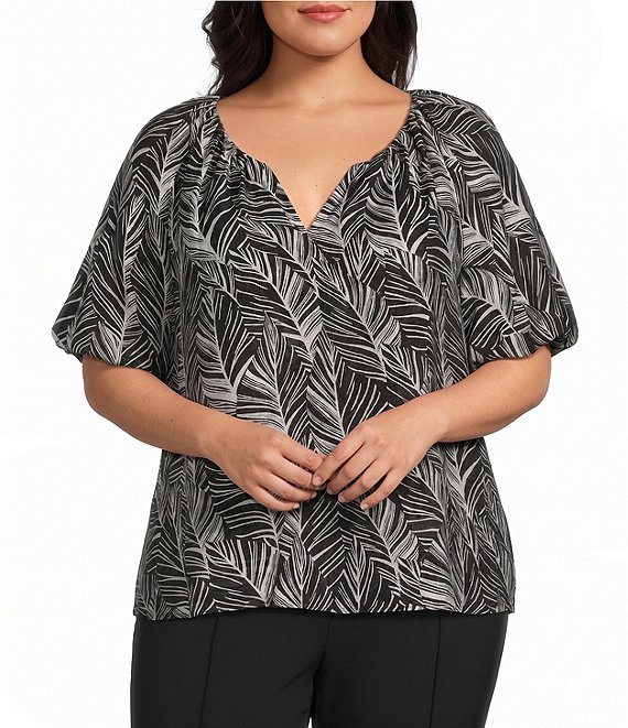 Investments Plus Size Palm Stencil Print 3/4 Bubble Sleeve Split V-Neck Blouse