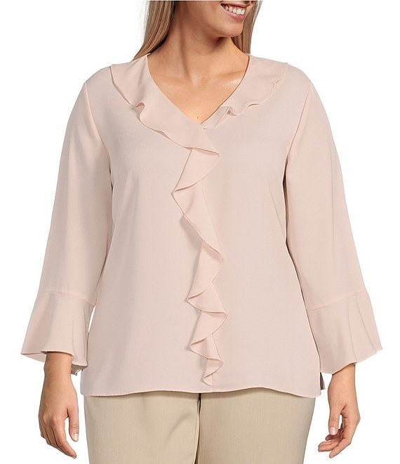 Investments Plus Size Riley Woven Cascading Ruffled V-Neck 3/4 Sleeve ...