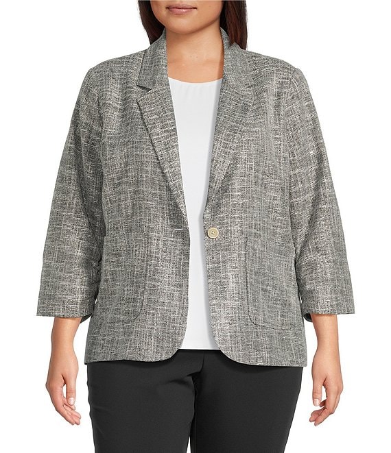 Investments Plus Size Scratch Pattern 3/4 Ruched Sleeve Notch Lapel Lined Button Front Blazer