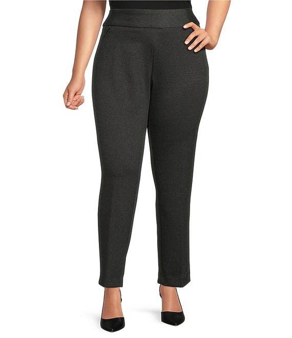 Color:Black White Tweed - Image 1 - Plus Size Signature Ponte Black and White Tweed Slim Leg High Rise Pull-On Pants