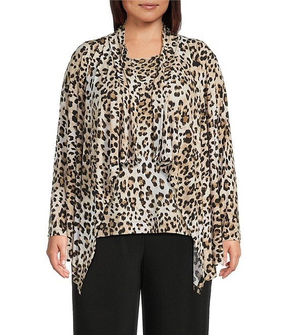 Investments Plus Size Soft Separates Leopard Print Long Sleeve Open Front Jacket