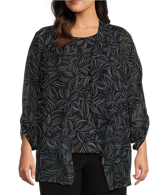 Investments Plus Size Soft Separates Stippled Leaves Open Front Long Roll-Tab Sleeve Jacket