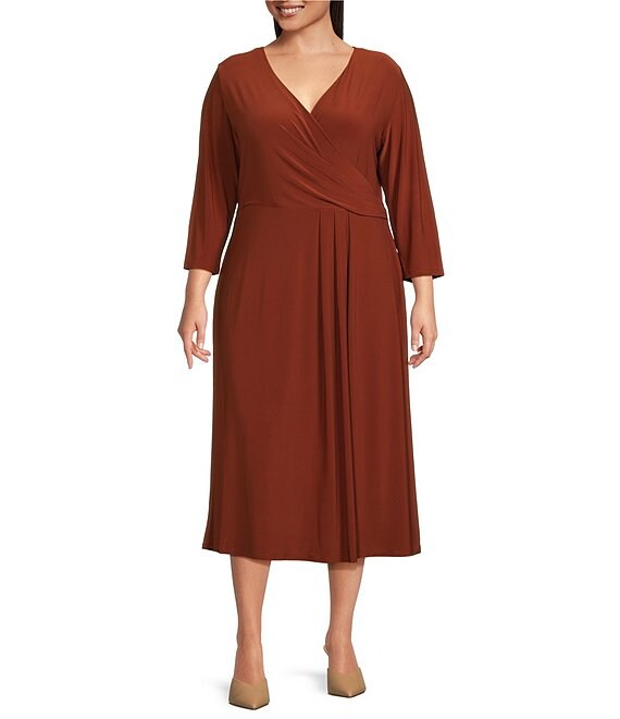 Color:Brandy Brown - Image 1 - Plus Size Soft Separates V-Neck 3/4 Sleeve Faux Wrap Midi Dress