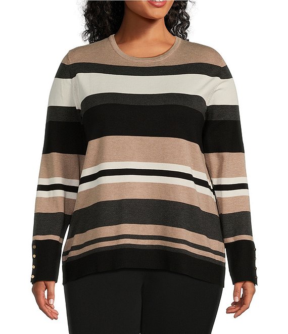 Investments Plus Size Stripe Crew Neck Long Sleeve Button Cuff Sweater ...