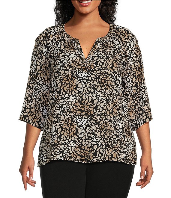 Investments Plus Size Woven Animal Movements 3/4 Flutter Sleeve V-Neck ...