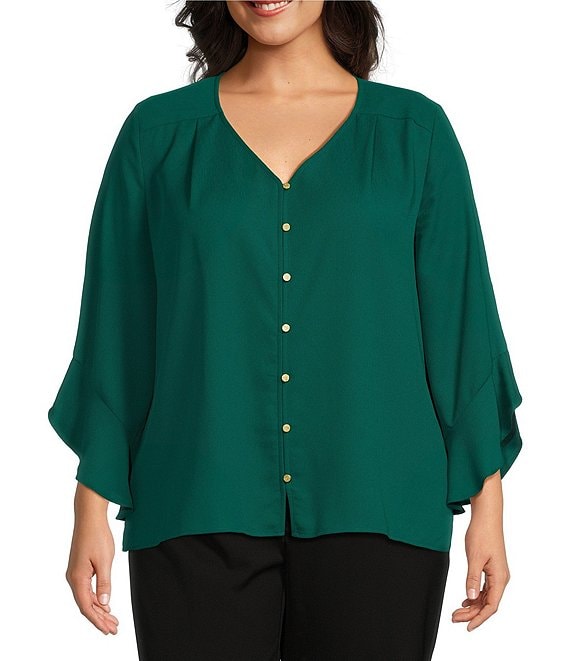 Investments Plus Size Woven Faux Button Front V-Neck 3/4 Flare Ruffle ...