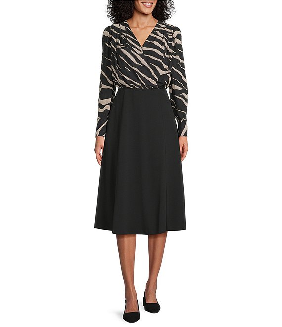 Investments Scuba Crepe Zebra Print Long Sleeve Faux Wrap Fit and Flare Midi Dress, Zebra - Image 1