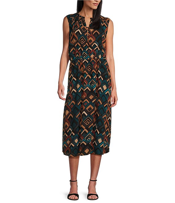 Investments Smocked Y-Neck Sleeveless Drop Waist Midi Dress | Dillard's