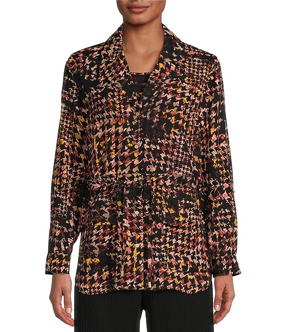 Color:Multi Houndstooth - Image 1 - Soft Separates Multi Houndstooth Long Roll-Tab Sleeve Button Front Jacket