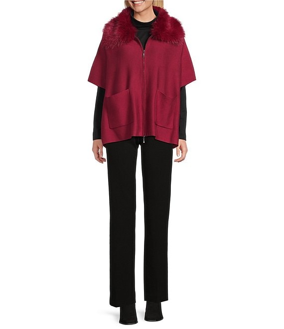 Investments Solid Removeable Faux Fur Collar Two-Way Zip Front Sweater Poncho