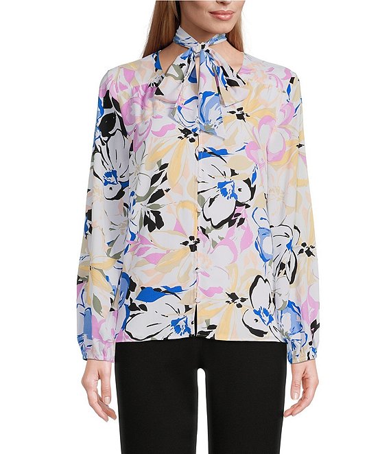 Investments Woven Long Sleeve Floral Scape Print V-Neck Removable Tie ...