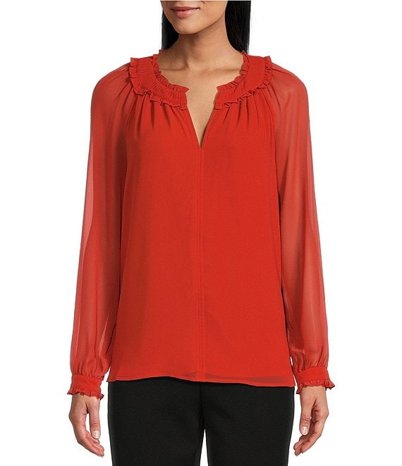 Investments Woven Long Sleeve Pleated Split V-Neck Top | Dillard's