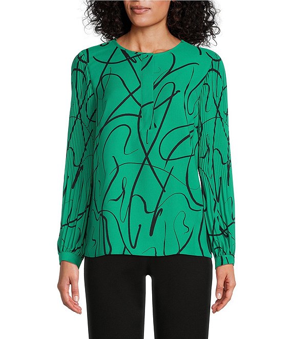 Color:Green Painted Ribbon - Image 1 - Woven Painted Ribbon Pleated Long Sleeve Jewel Neck Covered Half Button Placket Top