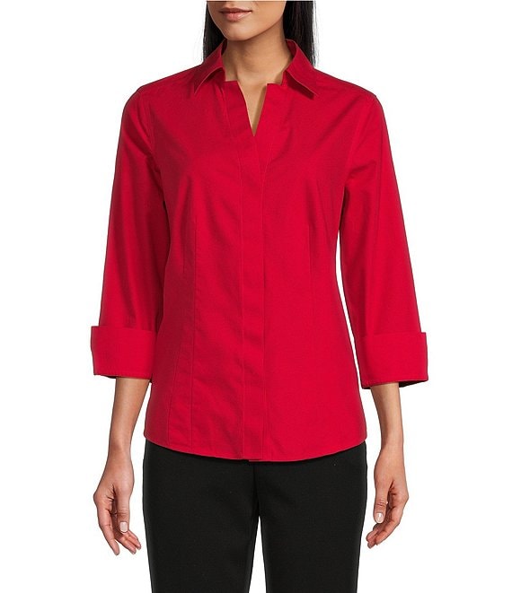 Color:Red - Image 1 - Taylor Gold Label Non-Iron 3/4 Sleeves Button Front Shirt
