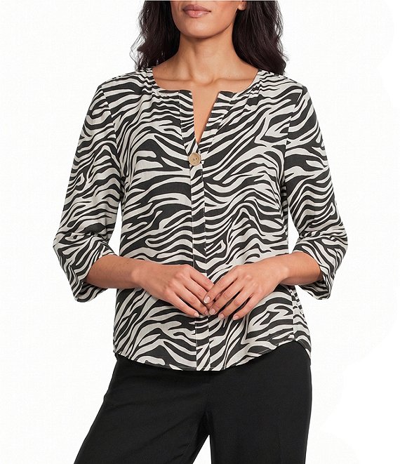 Investments Zebra Print 3/4 Sleeve Split V-Neck Button Shirt