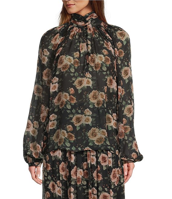 IRO Lazula Coordinating Floral High Tie Neck Long Sleeve Blouse, Black Roses - Image 1