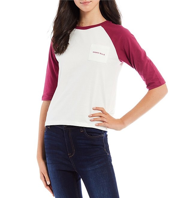 Color:Beaujolais/White - Image 1 - Raglan-Sleeve Color Block Baseball T-Shirt