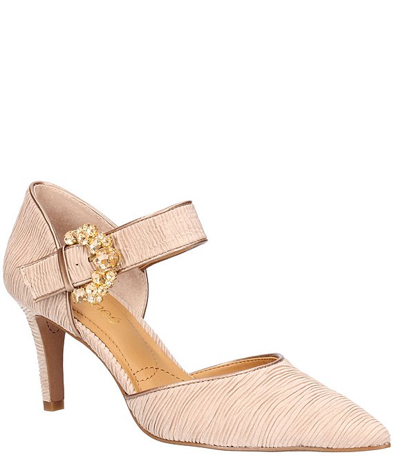 Color:Beige Pleated - Image 1 - Manasi Pleated Fabric Embellished Buckle d'Orsay Mary Jane Pumps