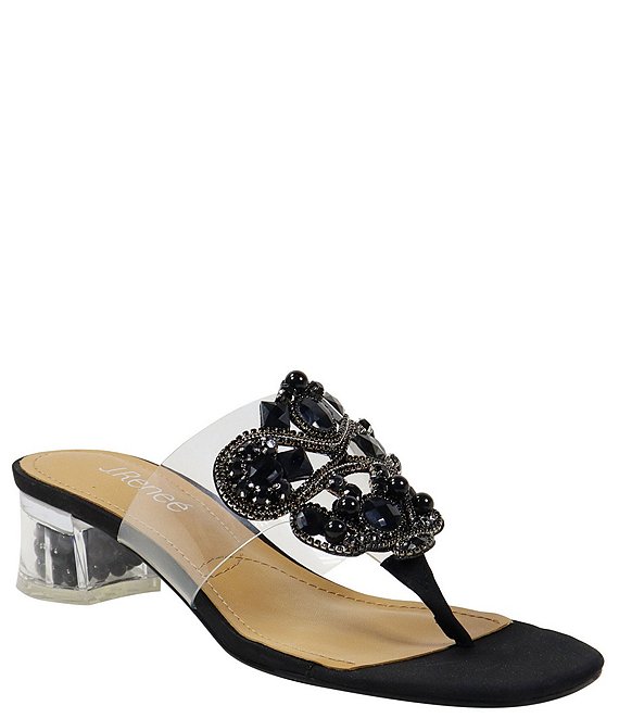 Color:Clear/Black - Image 1 - Maribela Clear Vinyl Rhinestone Embellished Thong Sandals