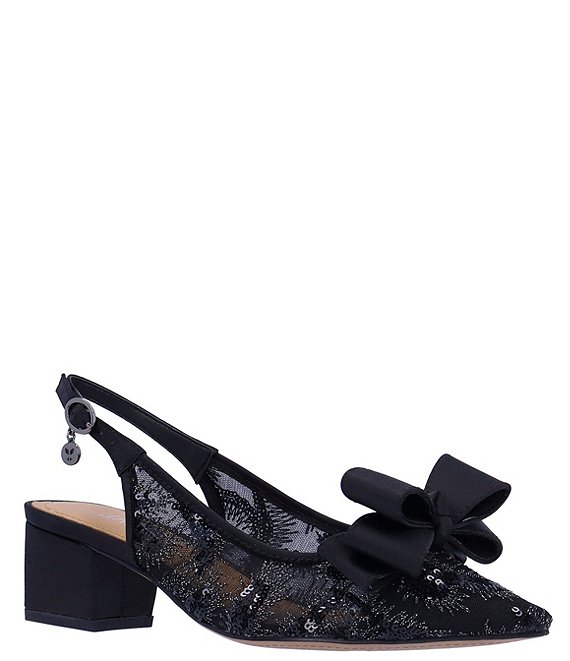 ★athe★ RUBAN Black Lace Ribbon Slingback J. Renee Triata Sequin Mesh Satin Bow Sling Back Pumps