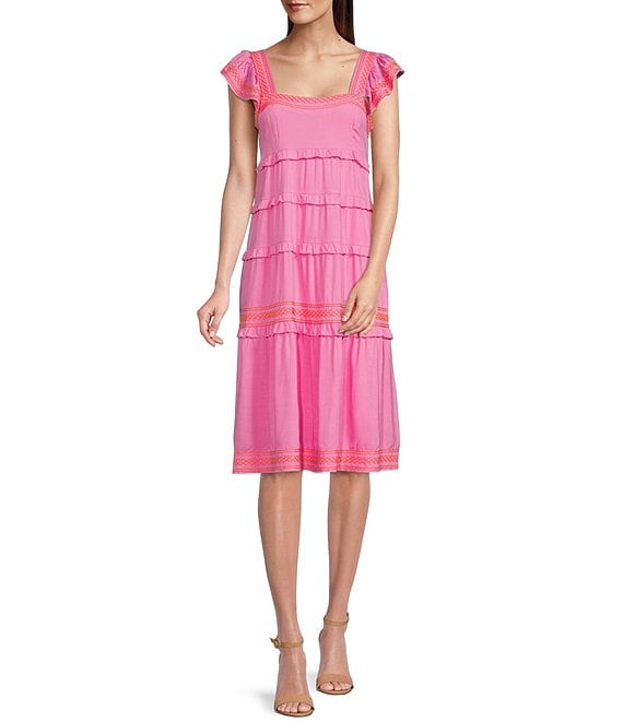 Color:Pink - Image 1 - Calli Square Neck Cap Sleeve Tiered Waistless Midi Dress