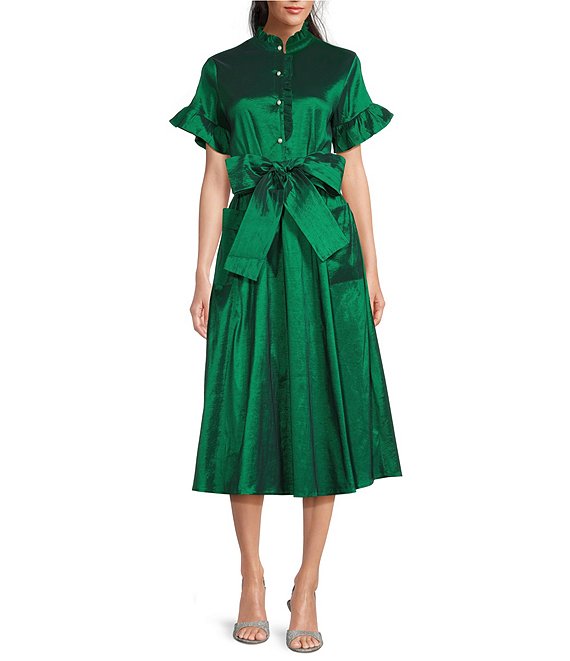 J.Marie Collins Woven V-Neck Short Sleeve Button Front Tie Waist Midi Dress, Green - Image 1