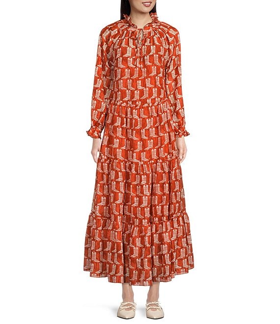 Color:Orange - Image 1 - Dixie Cowboy Boot Printed Tie Ruffle Crew Neck Long Sleeve Tiered Maxi Dress