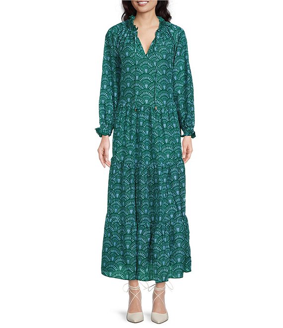 Color:Green - Image 1 - Norah Tie Split V-Neck Long Sleeve Tiered Maxi Dress